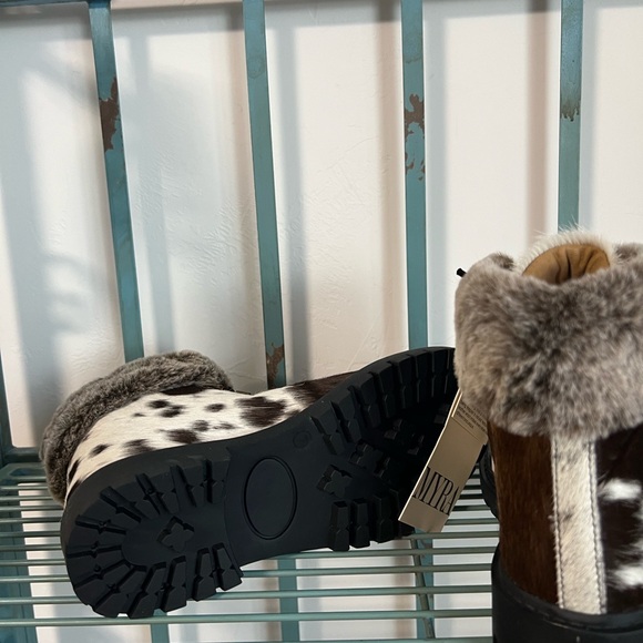 Genuine Cowhide & Leather Bootie Fur combat ankle boot chocolate brown sz 7 new - Picture 8 of 8